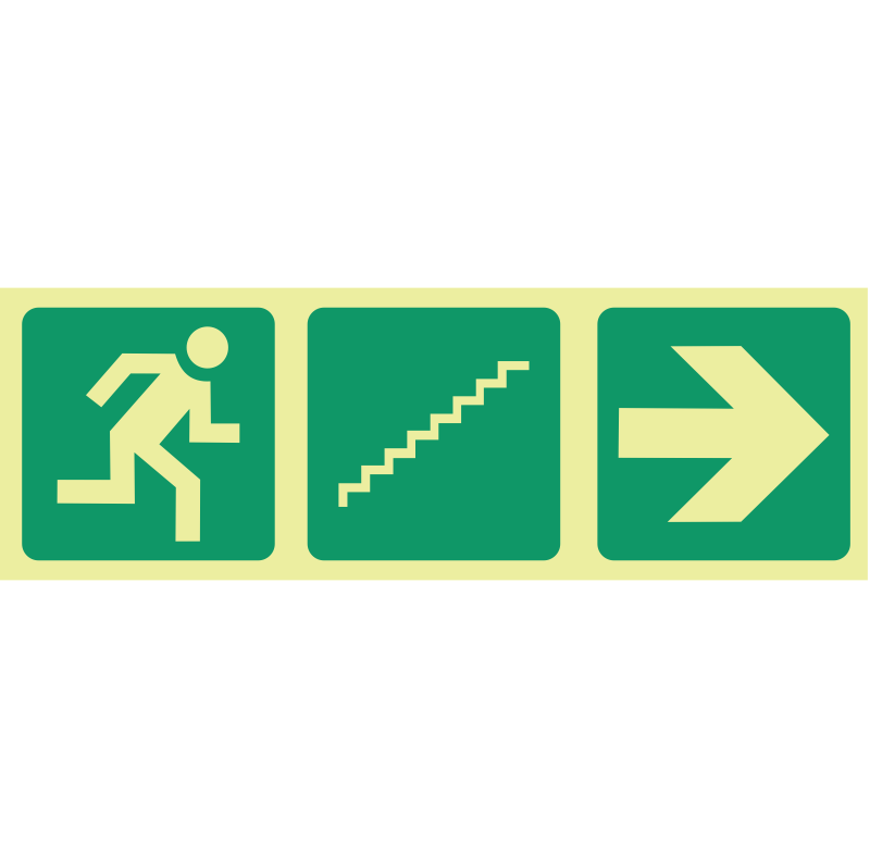 E18 - SABS Photoluminescent running man, stairs up, arrow right safety sign
