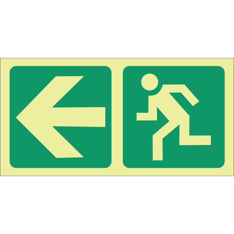 E2 - SABS Photoluminescent arrow left, running man safety sign