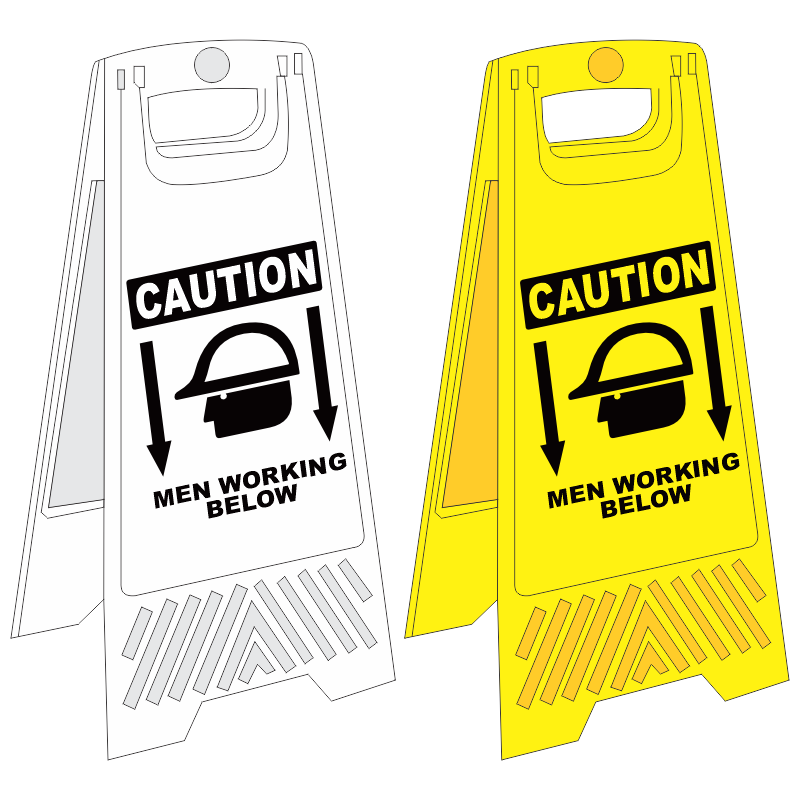 FS9 - Men working below a-frame floor stand - yellow | Safety Signs ...