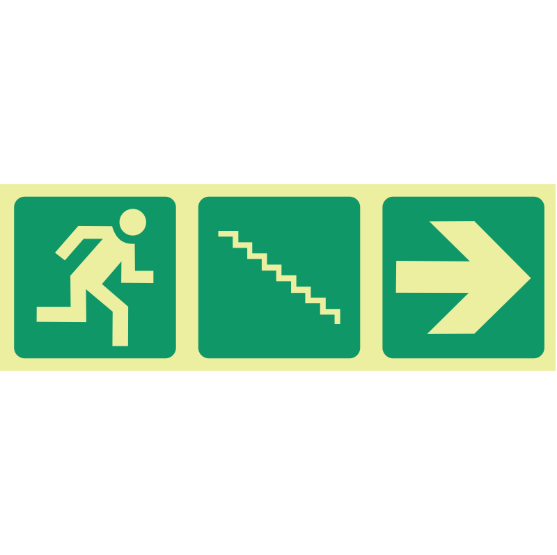 E16 SABS Photoluminescent running man, stairs down, arrow right